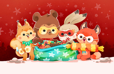Gift box packaging design for sweets bear book illustration celebrating character character design childrens book childrens illustration cute fox gift gift box hait happy illustration kids masquerade snow squirrel sweets winter