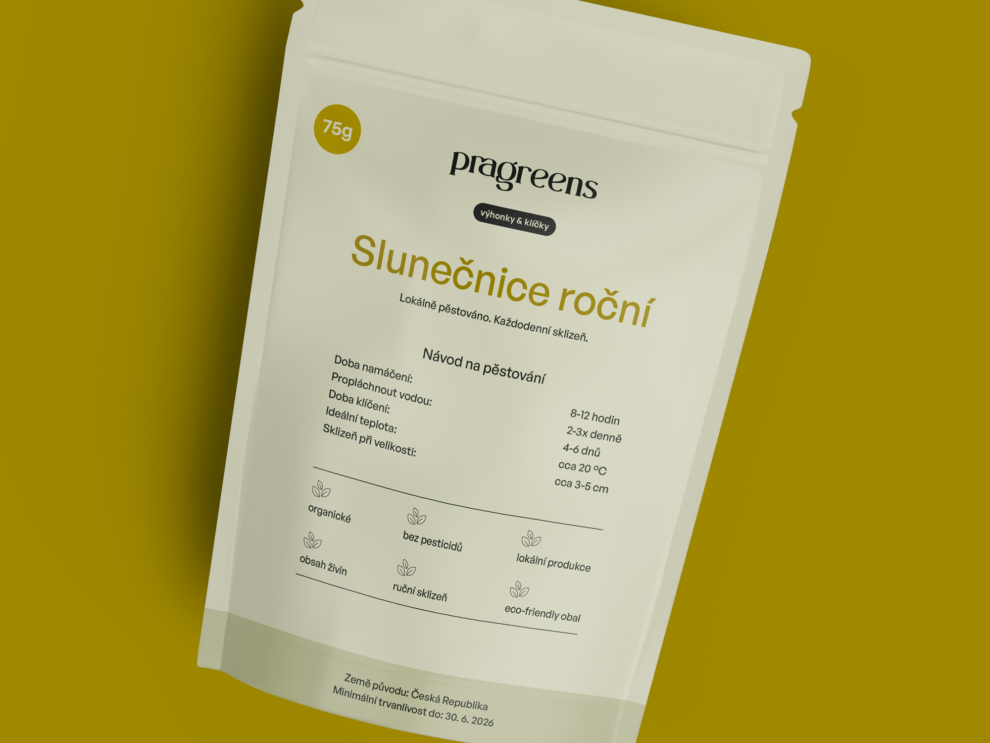 pragreens - Microgreens Pouch: Slunečnice roční brand design brand experience branding label concept development creative direction label design local farm local produce microgreens organic branding organic design packaging design pouch design product design product label product packaging sprouting urban farming visual identity yellow hyphen
