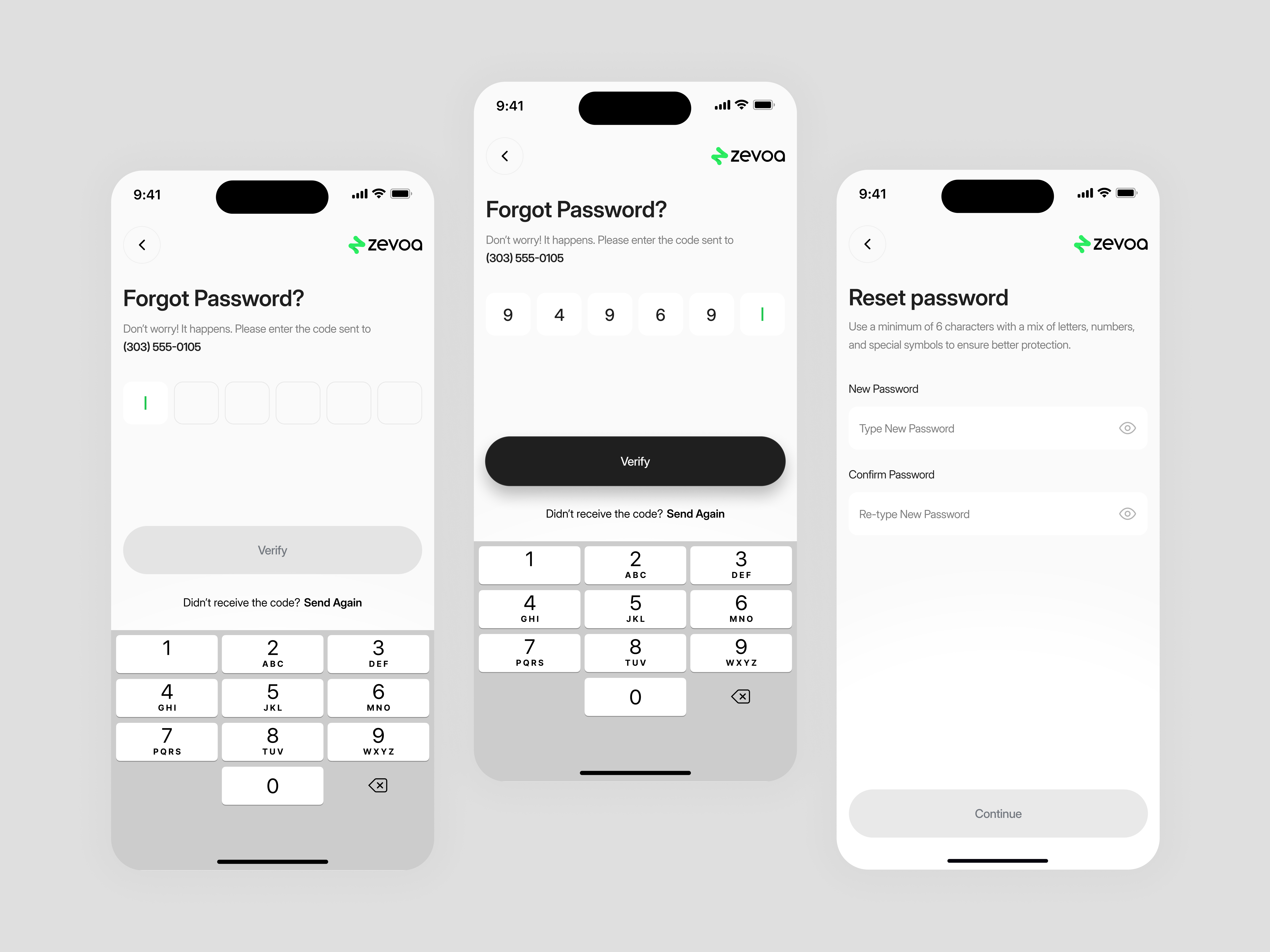 Zevoa Mobile App — Password Reset Flow app app design confirmation screen forgot password forgot password flow ios app ui design mobile mobile app mobile app design modern app verification screen modern authentication flow password reset password reset page design product design reset password screen design user identity verification ui