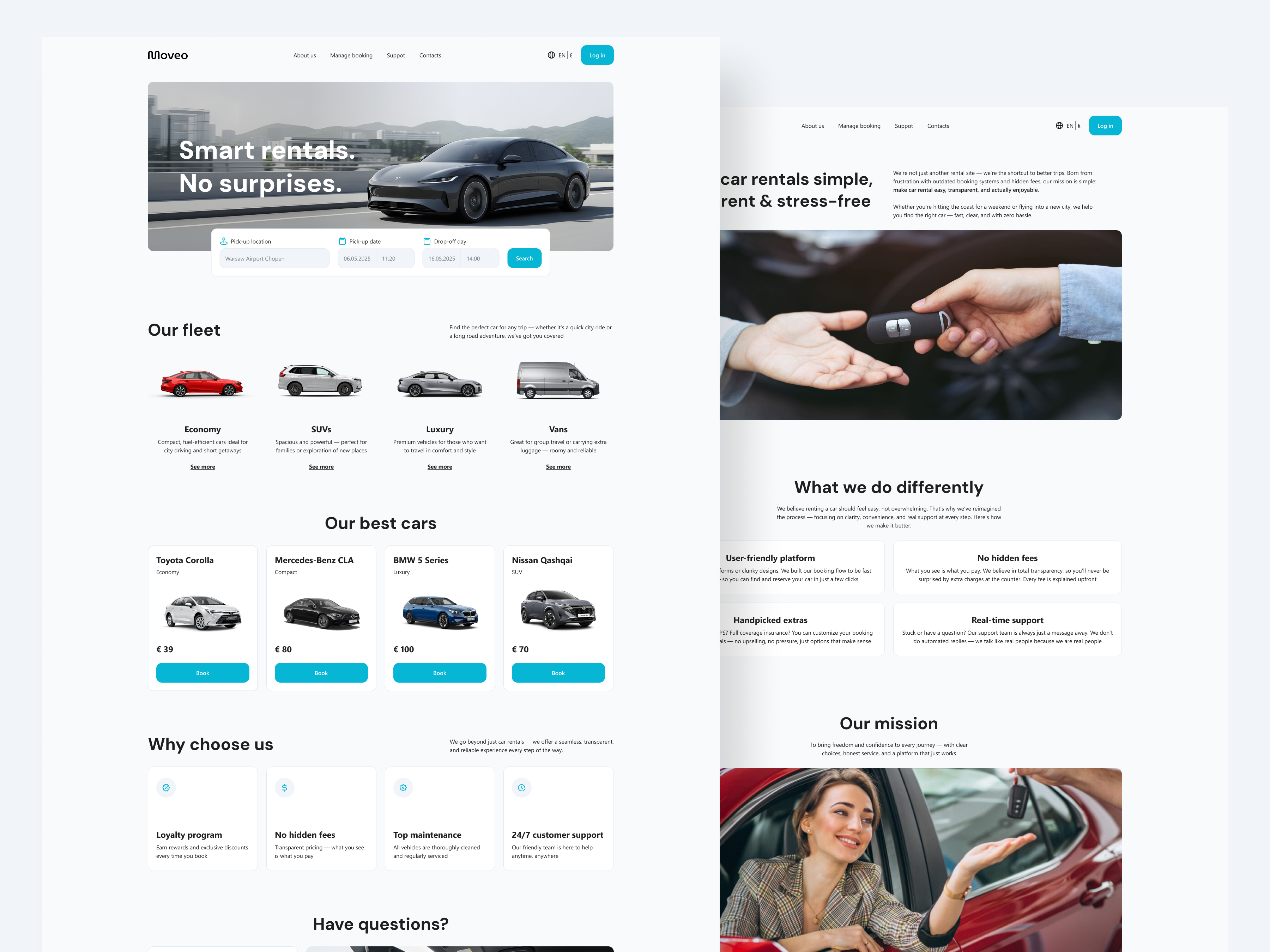 Moveo - Website Interface for a Car Rental automotive ui booking platform car booking ui car rental car rental website clean ui dashboard ui figma design landing page minimal design modern website product design redesign rental service responsive design ui design ux design vehicle booking web design