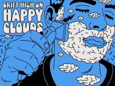 Drift high on happy clouds blue clouds design figurative art happy illustration joy pop psychedelic retro surrealism typography vector vintage white wisdom