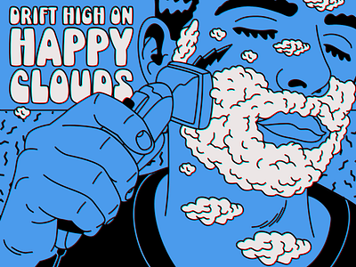 Drift high on happy clouds blue clouds design figurative art happy illustration joy pop psychedelic retro surrealism typography vector vintage white wisdom