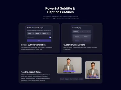 Video Editing Suite: Subtitle & Styling Features ai editor ai video ai video editor bento bento web design bento website design dark dark mode landing page subtitle generator uidesign uiux uxdesign video editing video generator web web design web video editor website website bento