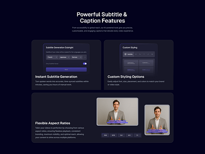 Video Editing Suite: Subtitle & Styling Features ai editor ai video ai video editor bento bento web design bento website design dark dark mode landing page subtitle generator uidesign uiux uxdesign video editing video generator web web design web video editor website website bento