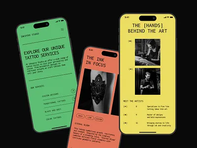 Tattoo Studio UI app bold design designer figma minimal mobile mobileapp mobiledesign modern studio tattoo ui uiux uiuxdesign ux