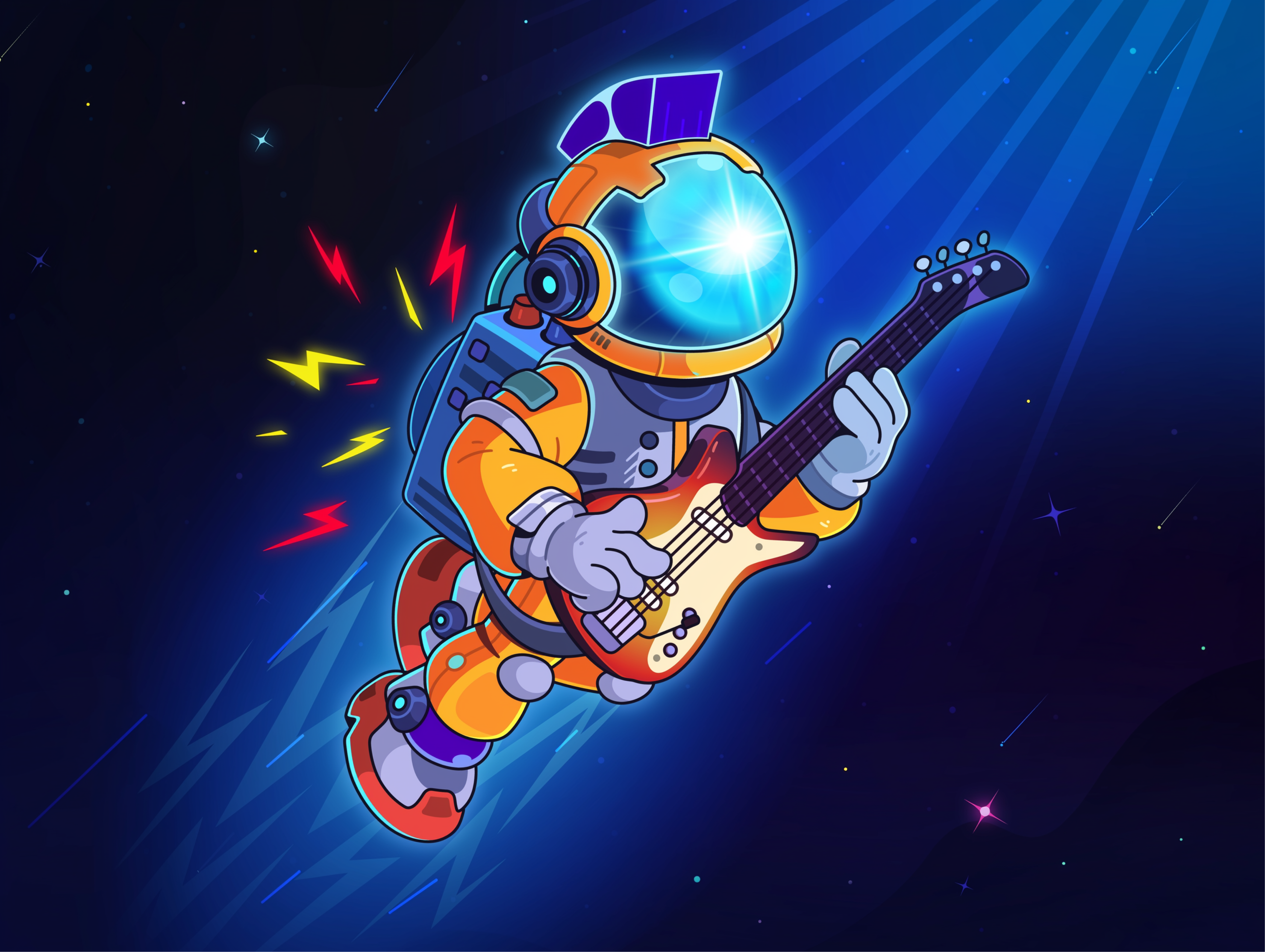 Cosmic Jam: Character design #4 2d adobe illustration astronaut cartoon cartoon character character character design color graphic design guitar illustration mascot merch music musician rock space spaceman t shirt design vector