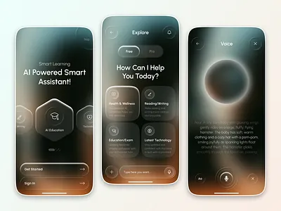 AI-Powered Smart Assistant App ai ai app ai assistant ai assistant app ai education ai learning assistant app design chatbot dark mode futuristic design health and wellness app interaction design mobile app productivity app reading and writing app smart assistant technology app uiux design voice assistant
