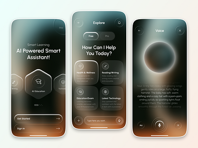 AI-Powered Smart Assistant App ai ai app ai assistant ai assistant app ai education ai learning assistant app design chatbot dark mode futuristic design health and wellness app interaction design mobile app productivity app reading and writing app smart assistant technology app uiux design voice assistant