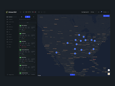 Logistics platform dashboard design for Amous LED driver fleet logistics map product design route tracking truck ui ux web