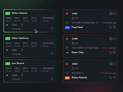 Driver & Vehicle Cards for logistics platform (Amous LED) active cards charge design driver fuel illustration logistics product design ui ux vehicle web