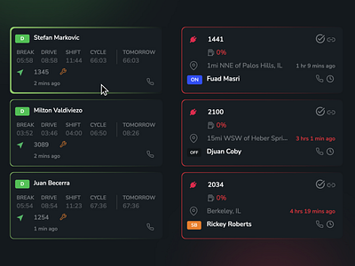 Driver & Vehicle Cards for logistics platform (Amous LED) active cards charge design driver fuel illustration logistics product design ui ux vehicle web
