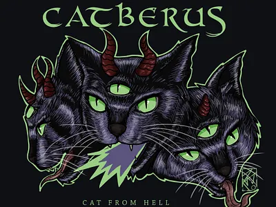 "CATBERUS" Tshirt design 90sband animal art artwork brand branding cartlover cartoon cat clothing design digital drawing digitalart funny graphic design illustration poster psoter design retro tshirtdesign