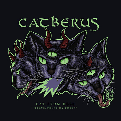 "CATBERUS" Tshirt design 90sband animal art artwork brand branding cartlover cartoon cat clothing design digital drawing digitalart funny graphic design illustration poster psoter design retro tshirtdesign