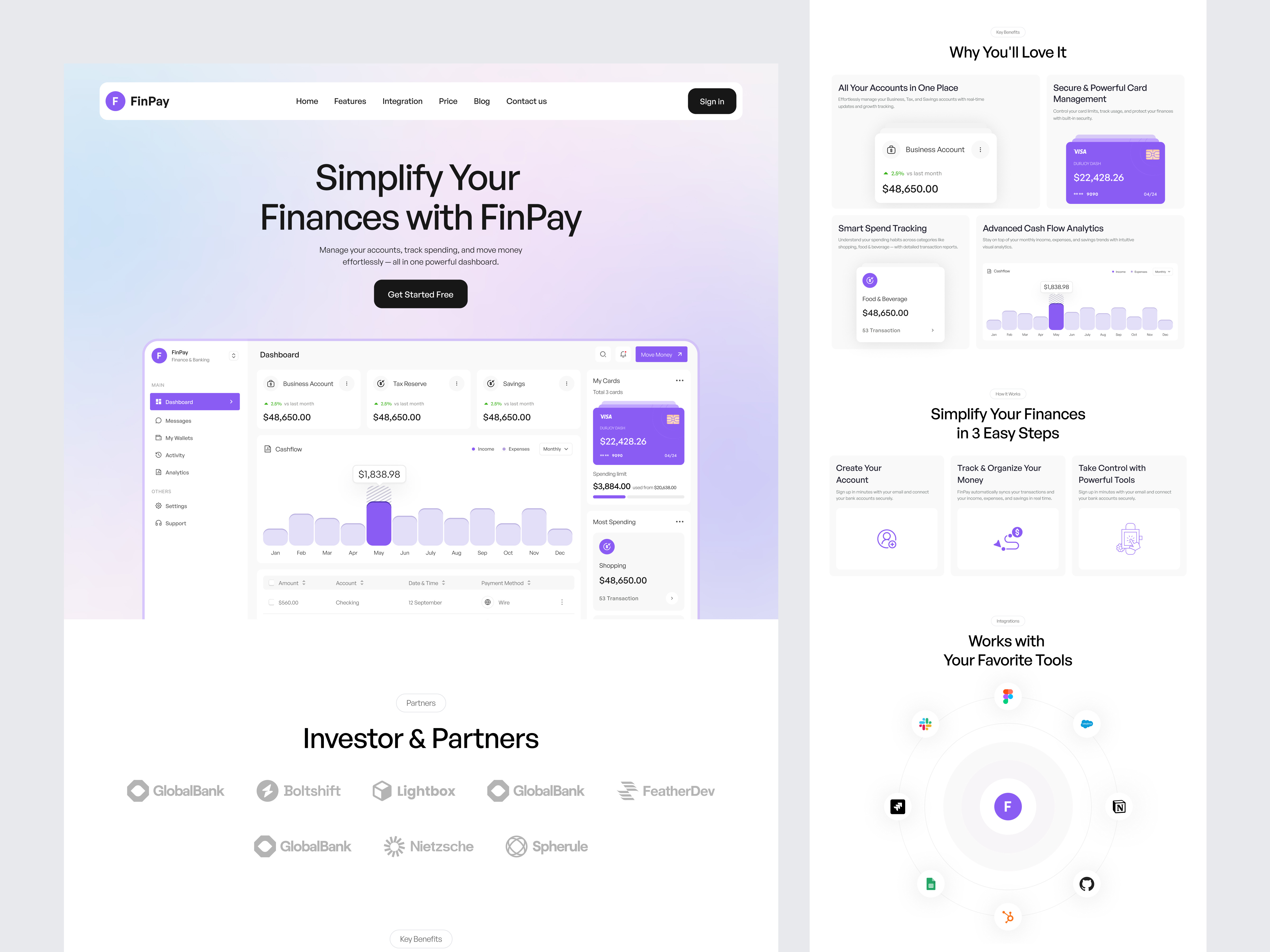 FinPay - Finance SaaS Landing Page & Modern Fintech Dashboard banking dashboard figma figma ui designer finance financial dashboard fintech fintech ui fintech ui design landing page minimal design money management product design product designer saas saas saas landing page ux design web design