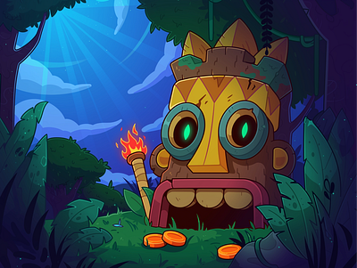 Voodoo Rush: Promo art 2d art cartoon casino coins conceptart cut gameart illustration indians jungle mascot design nightscene slot tiki totem treasure tribe vector voodoo