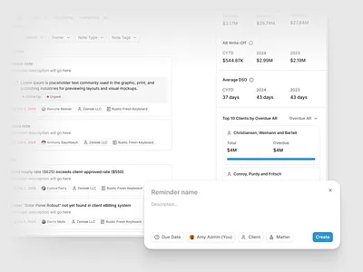 Add a reminder activity feed app clean client tracking crm dashboard data table financial metric flat form minimal modal dialog notes saas shadcn shadcnui tailwind task management ui ux