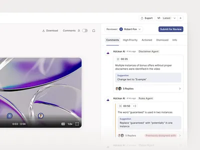 AI review panel ai agent annotation app clean collaboratin commenting system content moderatin dashboard feedback tool flat minimal quality assurance saas shadcn shadcnui tailwind timeline ui ux video review