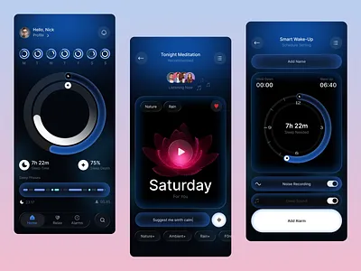 DreamSync – Smart Sleep & Meditation Mobile App dark mode app flutter app design meditation meditation app meditation mobile app meditation tracking app meditation ui ux mobile app mobile app design sleep app tracker sleep cycle app sleep magic app sleep statistics sleep tracker sleep tracker app sleep tracking app sleeping sleeping app tracker sleeping mobile app smart alarm app