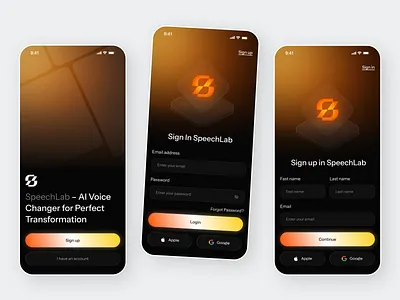 Login Signup Screen – AI Voice Changer App account creation ai voice changer app login audio processing audio transformer authentication ui login screen mobile mobile app design mobile app ui real time voice change signup screen speech ai user registration voice customization voice editor voice effects voice filter app voice modulator