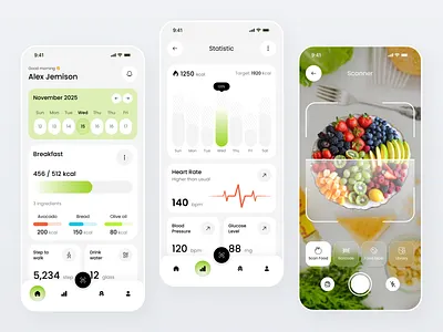 Smart Health & Nutrition Tracking App calorie tracker clean design daily stats dashboard ui fitness ui food scanner health app health monitoring ios app design minimal app mobile ui modern ui nutrition tracker ux design wellness app