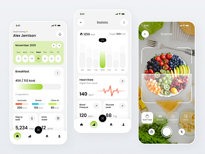 Smart Health & Nutrition Tracking App calorie tracker clean design daily stats dashboard ui fitness ui food scanner health app health monitoring ios app design minimal app mobile ui modern ui nutrition tracker ux design wellness app