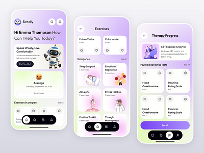 Self-Care App UI activity tracker ai chat assistant ui ai wellness assistant app design app interface cbt wellness app digital self care app fitness mobile ios mental health app ui mindfulness app design mobile app mobile app design positive psychology app ui self care self care app ui selfcare wellness app design