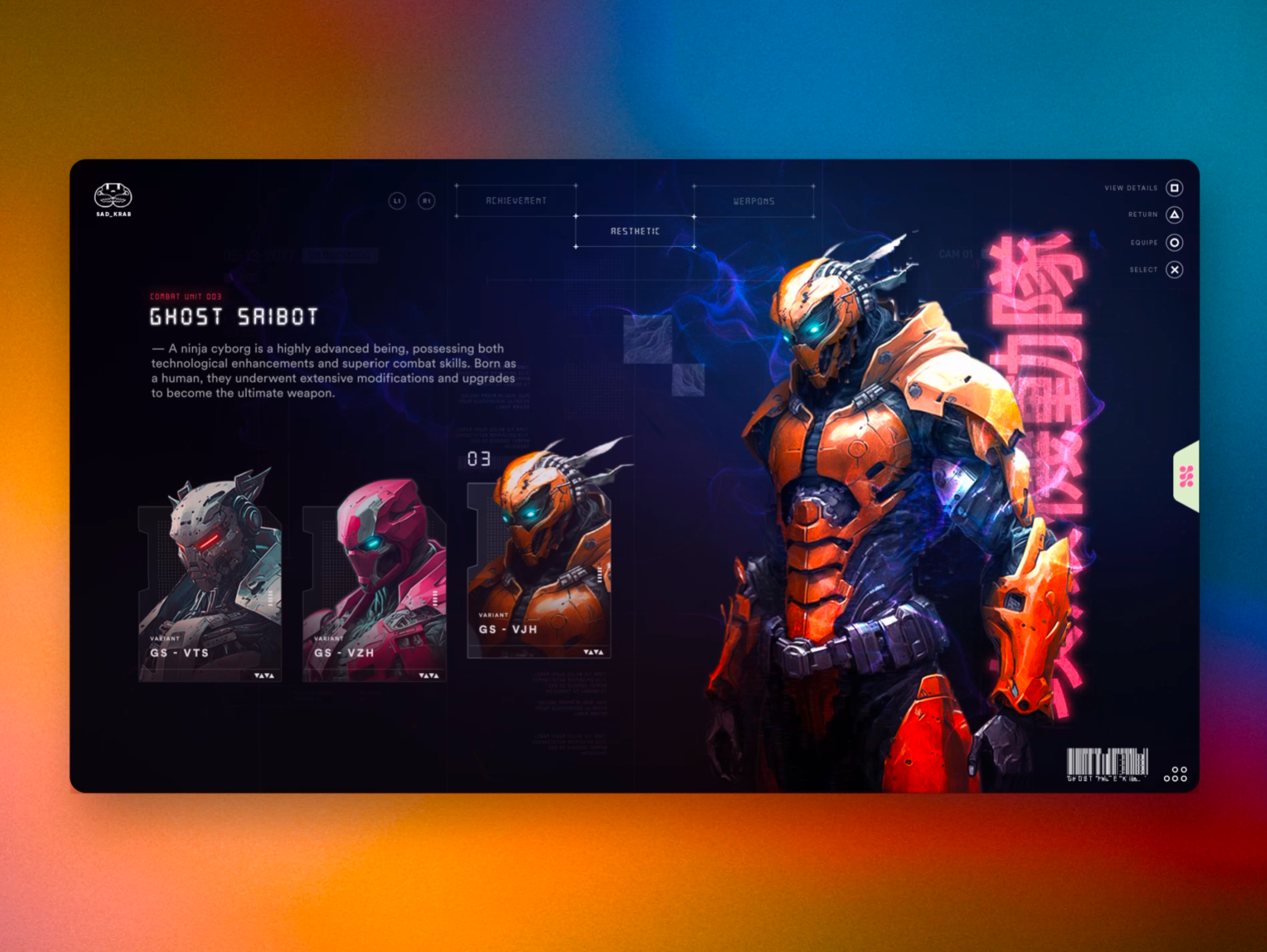 Ghost Saibot - Aesthetics Skins Screen ai anime character cyberpunk cyborg dataviz game gameing hmi hud midjourney prototype ps5 robot sci fi skin