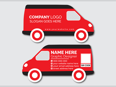 Die-Cut Van Business Card Design black branding business business card company corporate courier creative design die cut graphic design illustration name card print design qr code red shape truck van visiting card