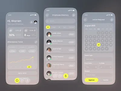 HR Management App – Employee Directory & Leave Management UI app app design design hr app hr platform hr tech interface ios management tool mobile app design mobile ui product design! soft ui ui design user interface ux design