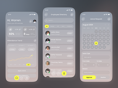 HR Management App – Employee Directory & Leave Management UI app app design design hr app hr platform hr tech interface ios management tool mobile app design mobile ui product design! soft ui ui design user interface ux design