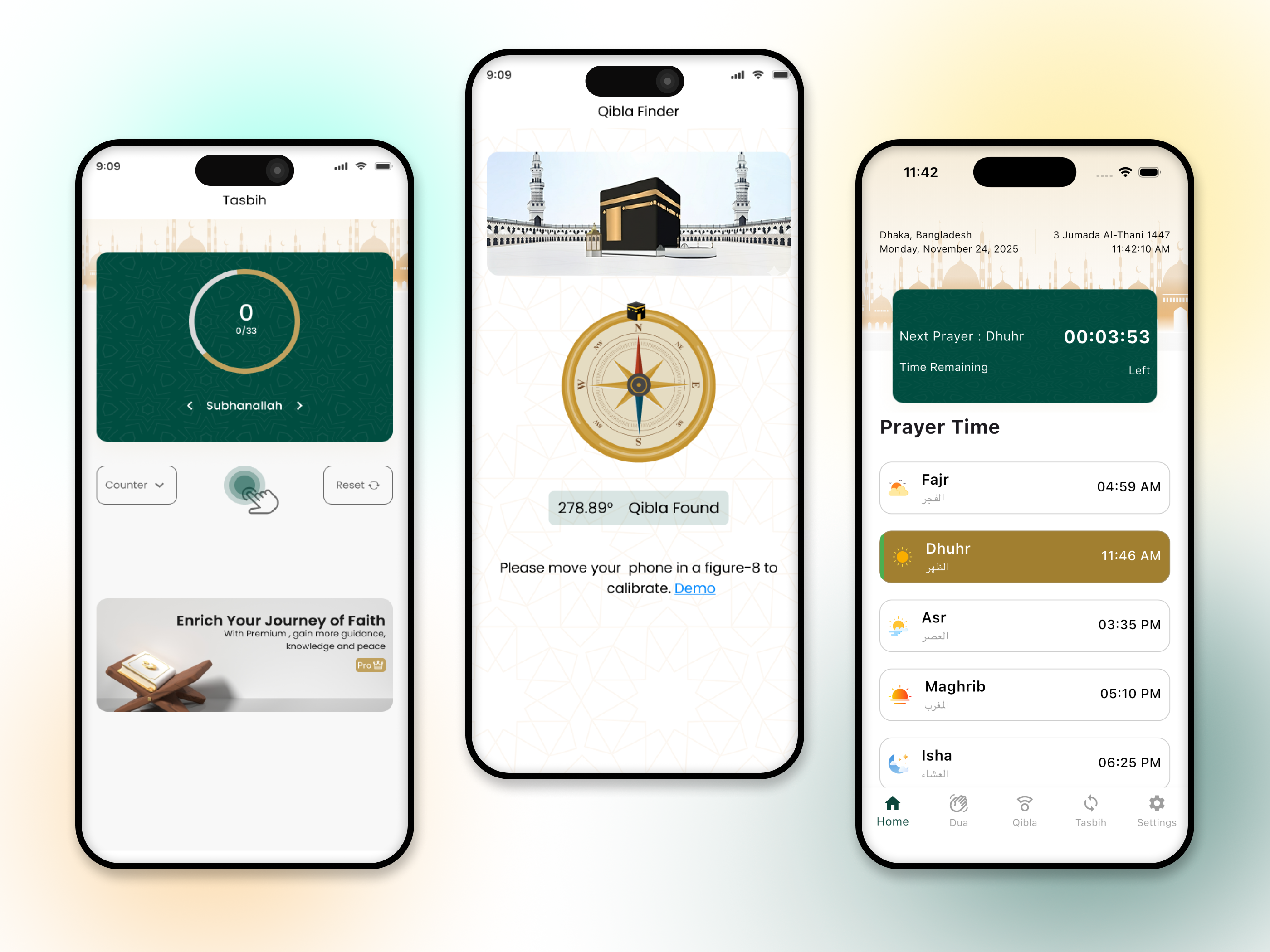TasbeehGo - Your Digital Companion for Daily Faith appdesign dhikr digitaltasbih figma greendesign interface islamicapp minimaldesign mobileapp mobileui muslimapp prayerapp productdesign qiblafinder quranapp tasbih uidesign uiux utilityapp uxdesign