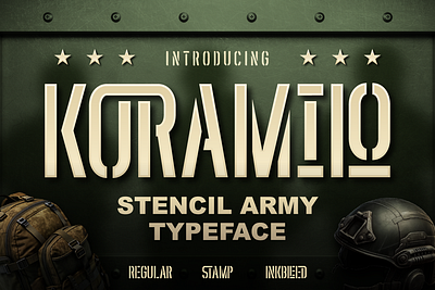 Koramilo action font army stencil army typeface branding condense condensed display font font font design font style grunge stencil headline poster serif stamp style stencil font tactical font typeface war font