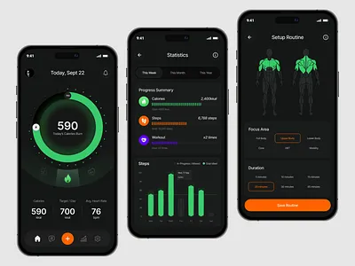 [Exploration] Fitness App clean dark mode fitness mobile modern pedometer ui design workout