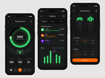 [Exploration] Fitness App clean dark mode fitness mobile modern pedometer ui design workout
