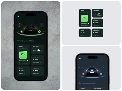 Car Management Tools – Smart EV Dashboard App automotive app car car app car dashboard car management cleanui dark ui design electric car electric vehicle ev interface figma figmadesign green energy smart car ui uiux ux design vehicle control