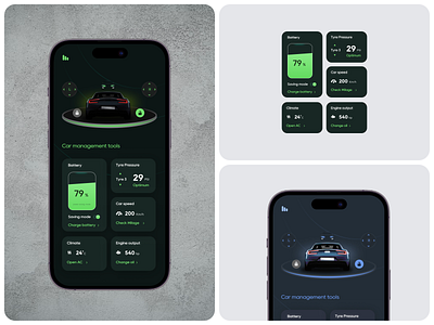 Car Management Tools – Smart EV Dashboard App automotive app car car app car dashboard car management cleanui dark ui design electric car electric vehicle ev interface figma figmadesign green energy smart car ui uiux ux design vehicle control