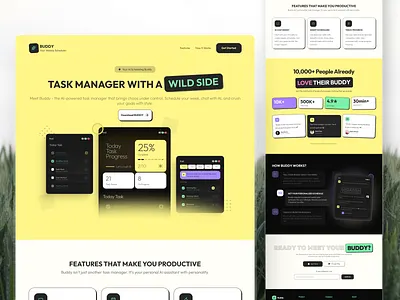 Buddy — AI Task Manager Dashboard with Neon-Futuristic UI ai assistant ai task manager ai ui clean ui dark mode ui dashboard ui futuristic ui gamified ui minimal dashboard mobile app ui modern saas ui neon ui productivity app progress tracker saas dashboard smart scheduling task management app ui concept ux design weekly planner