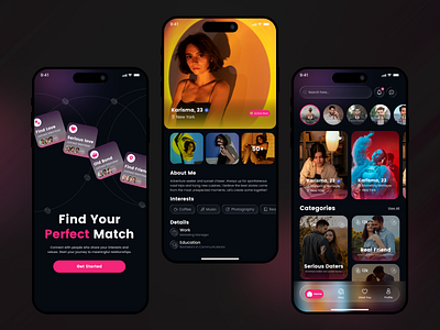 Modern Dating Mobile App UI Design app design bumble chatting concept dark app dating app finder love app match finder mobile app mobile application mobile ui online dating relationship tinder uiux