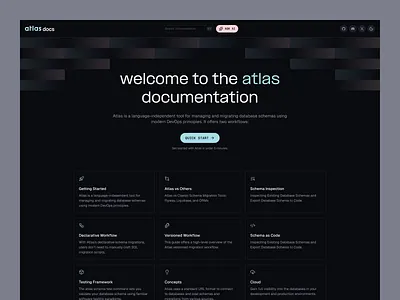 Dark mode API docs card layout clean dark mode dashboard database developer tools documentation flat grid layout hero section landing page minimal saas shadcn shadcnui tailwind technical documentation typography