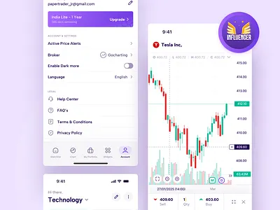 Gocharting Mobile app Screens app badges candle stick chart companies design gocharting illustration investment landing page list minimal mobile app profile trade trading tradingview ui ux watchlist