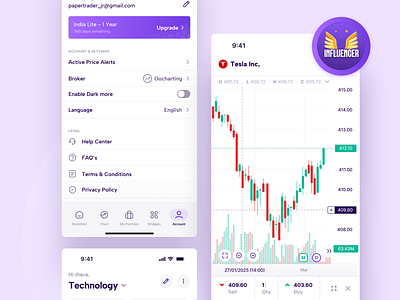 Gocharting Mobile app Screens app badges candle stick chart companies design gocharting illustration investment landing page list minimal mobile app profile trade trading tradingview ui ux watchlist