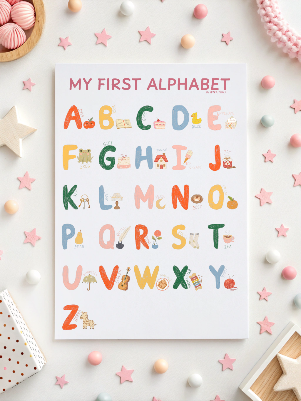 My First Alphabet – A3 Poster + 26 Flashcards Set abc alphabet alphabetposter cozyart cute illustration educational poster flashcards hand drawn illustration kawaii art kids education kids illustration kids learning kids room decor learning cards nursery decor preschool learning printable art printable decor teaching materials