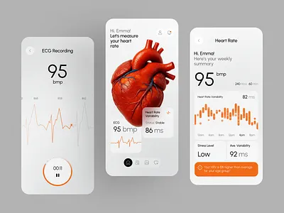 Mobile App Design — ECG & Heart Rate Monitoring UI android app app design clean ui data visualization ecg app figma health app healthcare app heart rate ios app medical app minimal design mobile app mobile interface mobile ui modern app design product design ui ux