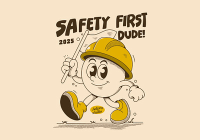 Safety first funny character adipra adipra std adipra studio adorable mascot adpr cartoon worker character drawing construction art construction theme cute worker helmet character playful character retro cartoon retro vibe safety illustration safety mascot safety poster vintage character vintage design walking mascot