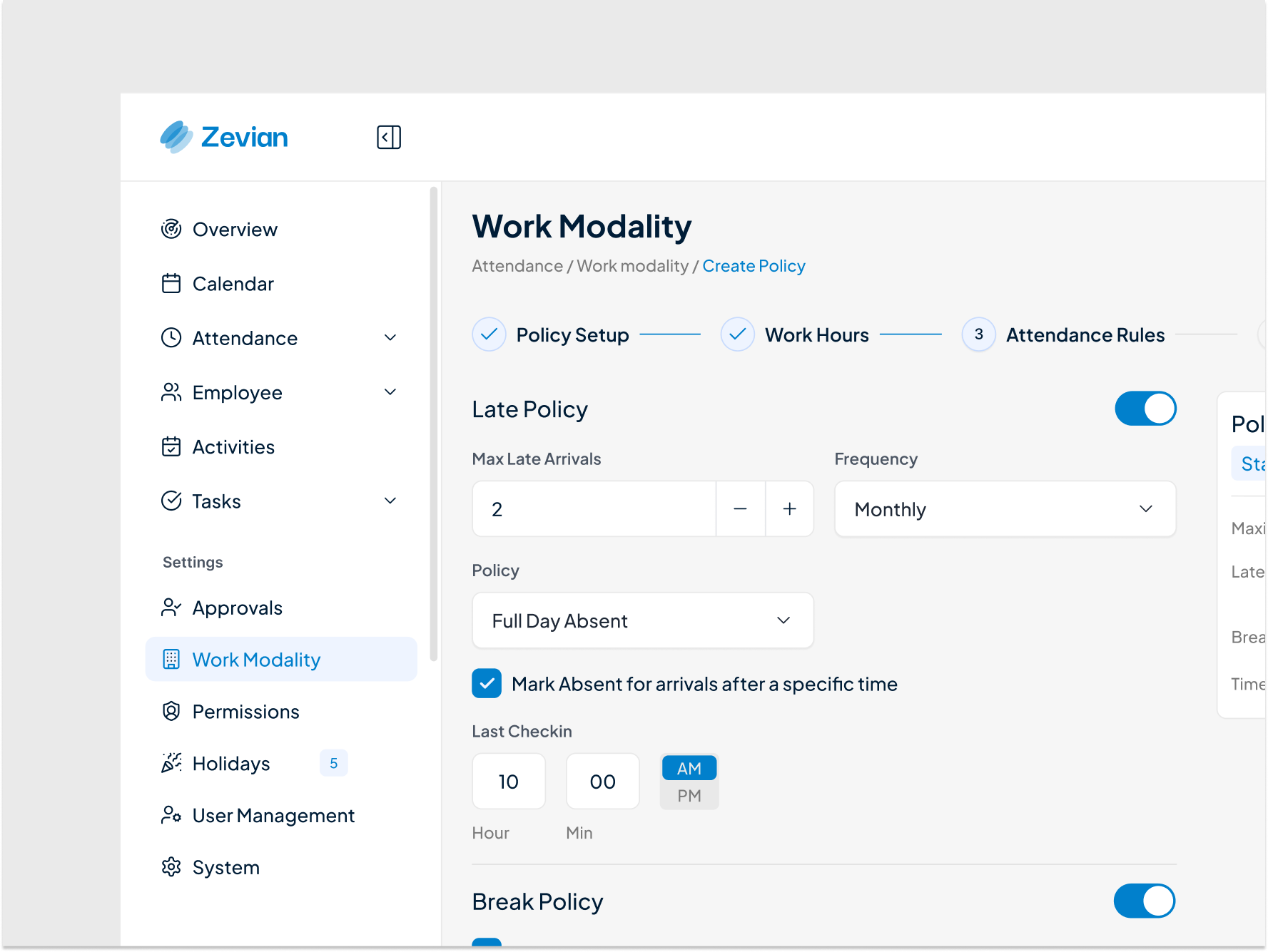 Zevian HRMS - B2B SaaS Dashboard b2b calendar checkbox dashboard design system inputs interaction states modern saas sidebar stepper switch time ui ux