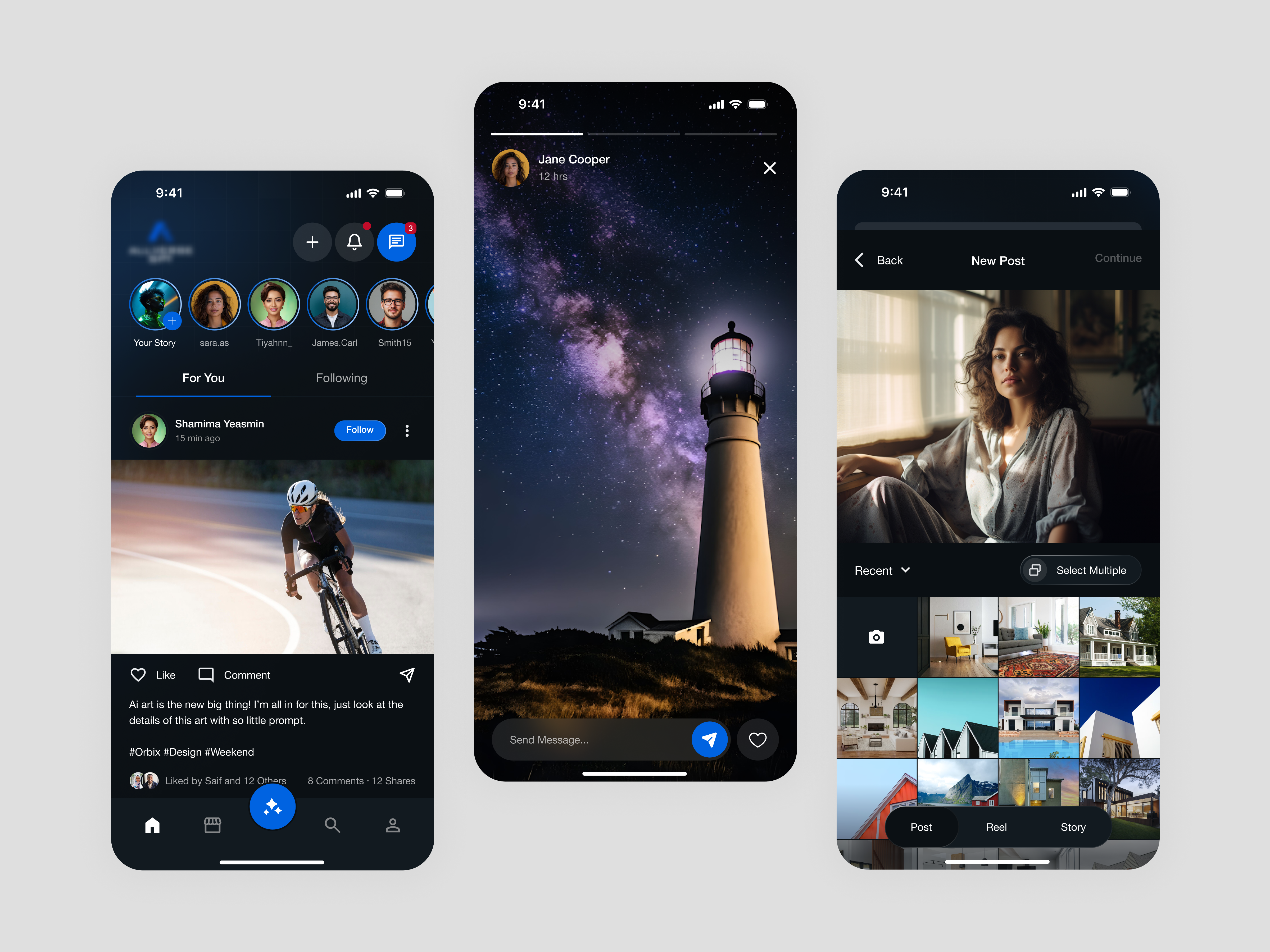 AI-Powered Social Media App UI app app design app design inspiration app interaction design best social media app dark mode ui ios app design mobile app design modern uiux photo sharing app post creation screen design social feed design social feed interaction design social media app