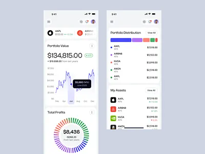 Investment Dashboard UI, Portfolio Tracking App app design charts ui crypto dashboard ui data visualization finance app financial dashboard fintech design interface design investment app mobile app design mobile ui modern ui portfolio ui product design stock tracker ui design