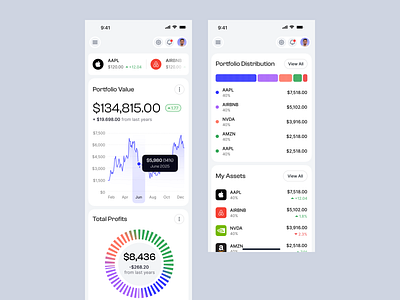 Investment Dashboard UI, Portfolio Tracking App app design charts ui crypto dashboard ui data visualization finance app financial dashboard fintech design interface design investment app mobile app design mobile ui modern ui portfolio ui product design stock tracker ui design