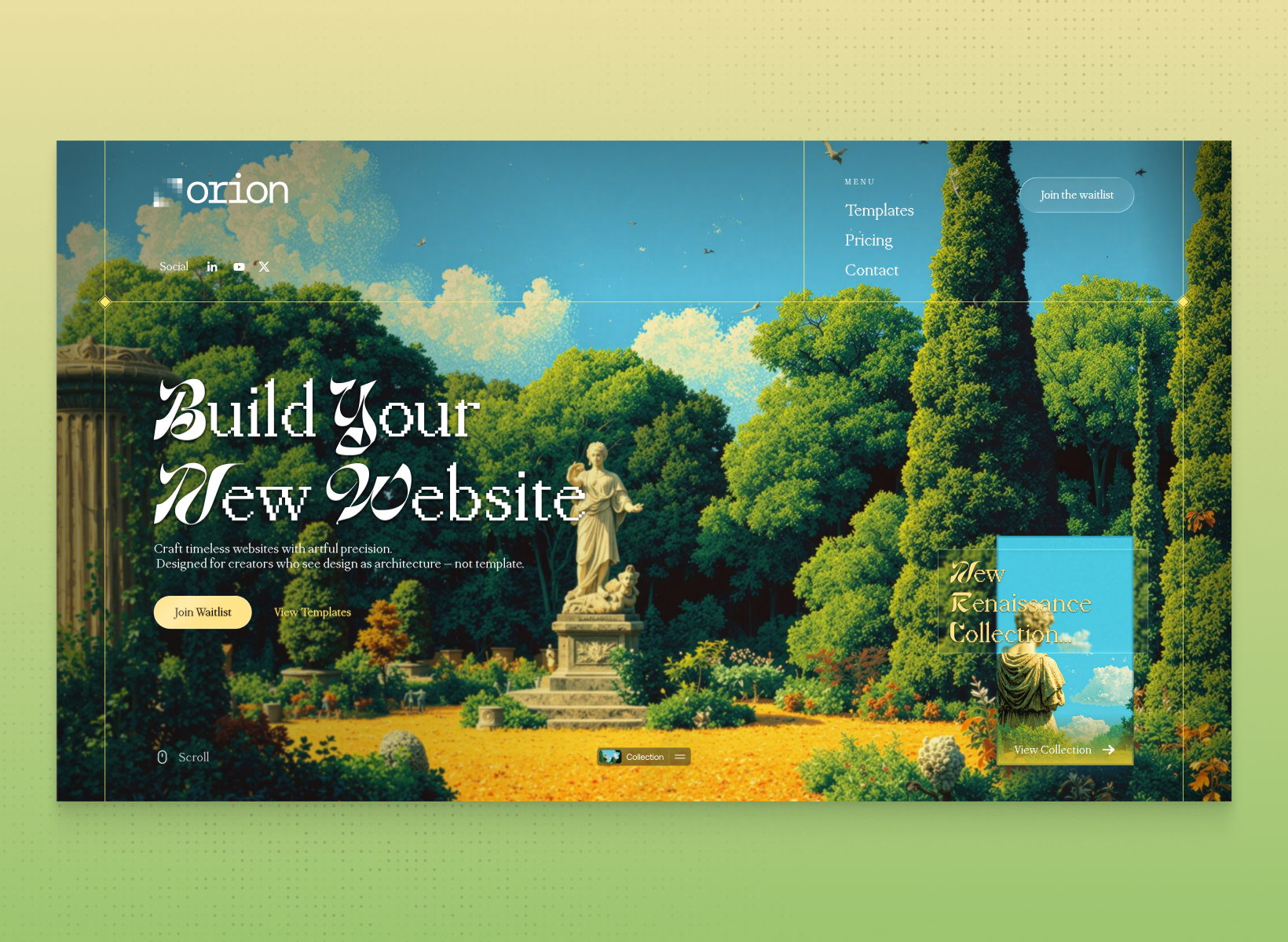 Orion – Website Builder Landing Page animation art design mobile motion graphics pastoral pixel renaissance statue typography ui ui design user experience ux visual design watercolor web web design website