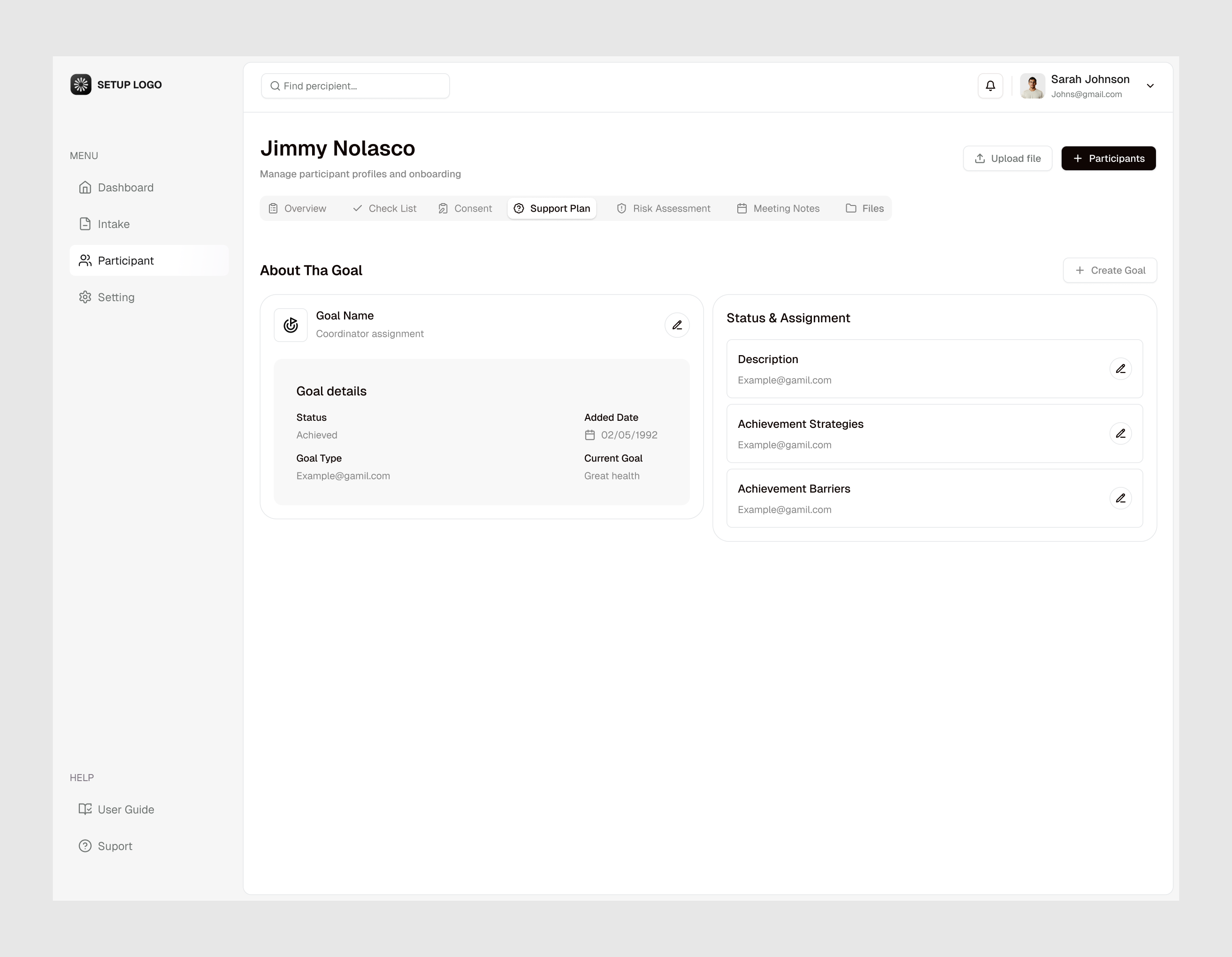 Participant Goal Management b2b crm dashboard healthcare healthcare platform interface participant goal management product design saas support plan uiux webapp